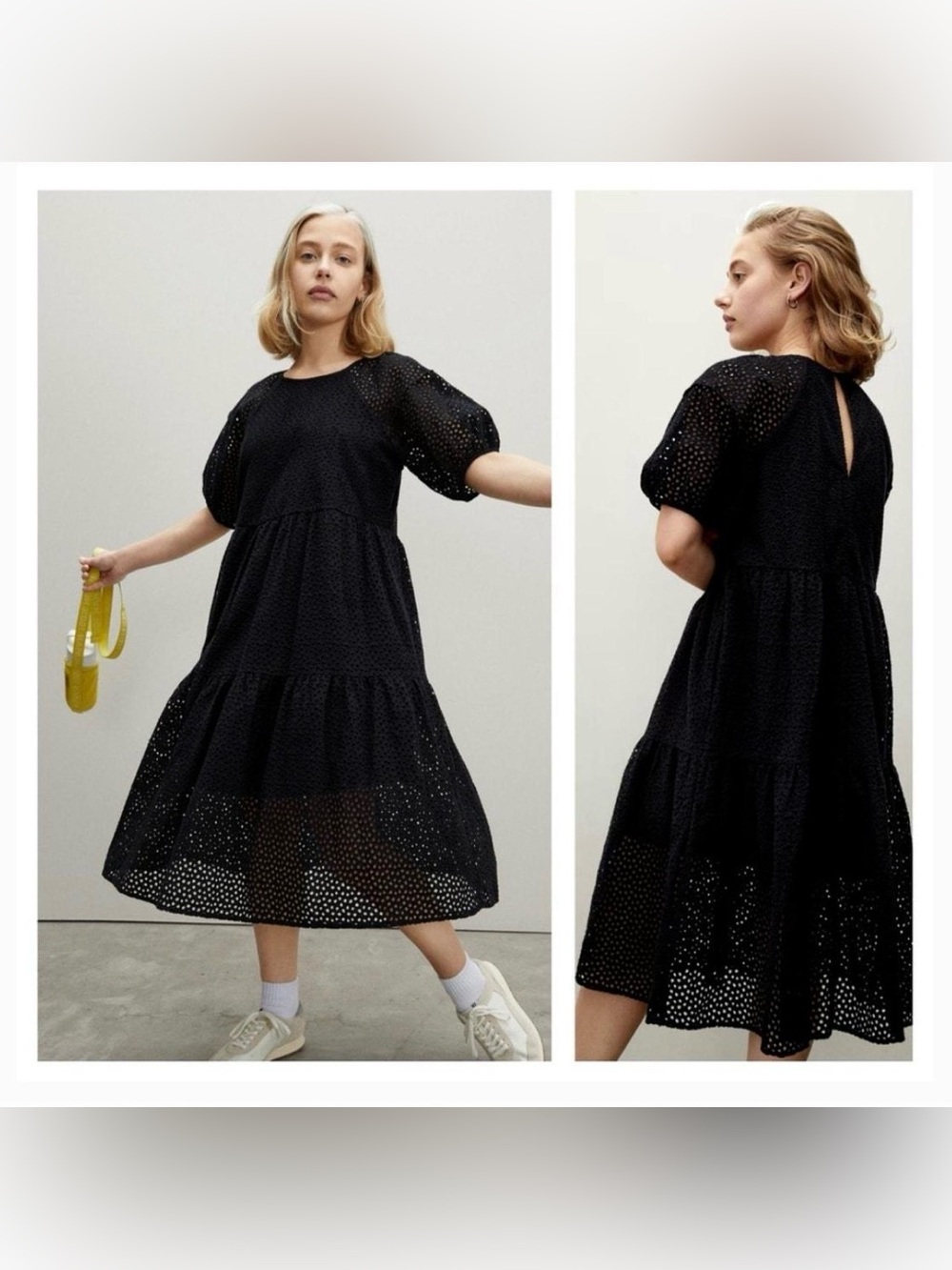 Everlane Black Eyelet Puff-Sleeve Tiered Dress